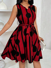 Contrast Color Tied Waist A-Line Loose Round-Neck Mini Dresses