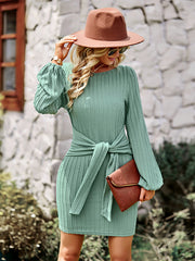 Vacation Puff Sleeves Lace-Up Solid Color Round-Neck Dress