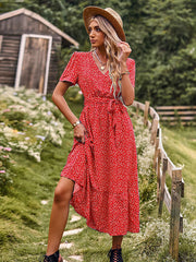 Bohemia A-Line Lace-Up Polka-Dot V-Neck Maxi Dress