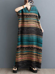 Split-Joint Striped A-Line Batwing Sleeves V-Neck Maxi Dresses