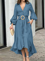 Pleated Solid Color High-Low Puff Sleeves Lapel Collar Maxi Dresses