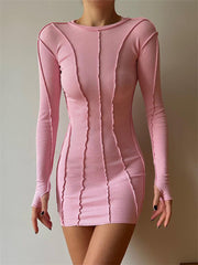 Screw Thread Mini Dress For Women 2025 Spring Ribbed Long Sleeve Bodycon Dresses Pink Streerwear Elastic Casual VestidosChristmas Gifts