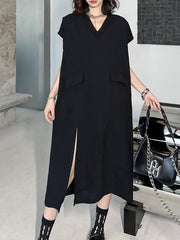 Loose Short Sleeves Asymmetric Solid Color Split-Joint Split-Side V-Neck Midi Dresses
