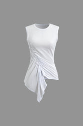 Solid Asymmetrical Hem Ruched Tank Top