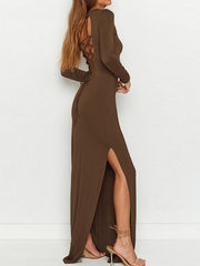 Bodycon Long Sleeves Backless Hollow Solid Color Split-Side Round-Neck Maxi Dresses