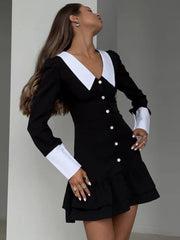 High Waist Women's Evening Dress Retro Splice Long Sleeve Turn Collar Folds Mini Dress Woman Party Wedding Dresses WomenChristmas Gifts