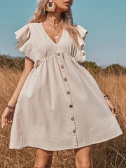 Falbala Pleated Split-Joint Loose Short Sleeves V-Neck Mini Dresses