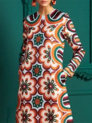 Long Sleeves Contrast Color Flower Print Round-Neck Midi Dresses
