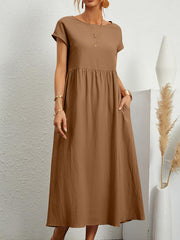Pleated Solid Color Loose Short Sleeves Round-Neck Midi Dresses