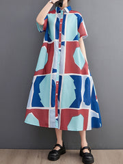 Cartoon Printed Multi-Colored Loose Short Sleeves Lapel Shirt Dress Midi Dresses