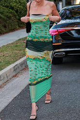 Floral Print Mesh Strapless Maxi Dress