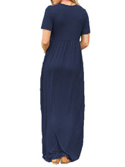 Pleated Pockets Solid Color Split-Joint High Waisted Short Sleeves Round-Neck Maxi Dresses