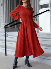 A-Line Long Sleeves Solid Color Split-Joint Round-Neck Midi Dresses