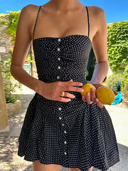 Pleated Polka Dot Spaghetti Strap Mini Dress In Black