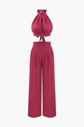 Halter Neck Backless Top And Pleated Pants Set