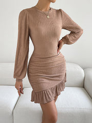 Bodycon Long Sleeves Pleated Ruffle Trim Solid Color Split-Joint Round-Neck Mini Dresses