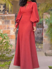 Long Sleeves Loose Buttoned Hollow Solid Color Split-Joint Round-Neck Maxi Dresses
