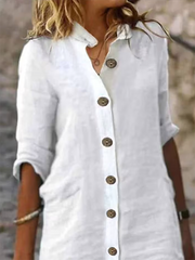 Half Sleeves Loose Buttoned Solid Color Stand Collar Mini Dresses