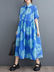 Polka-Dot Loose Short Sleeves Lapel Collar Midi Dresses