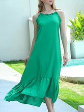 Ruffle Trim Solid Color Split-Joint Tied A-line High Waisted Spaghetti-Neck Midi Dresses