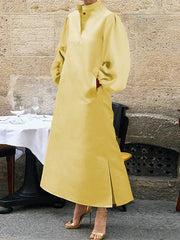 Buttoned Pleated Pockets Solid Color Split-side A-line Long Sleeves Stand Collar Midi Dresses