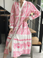 Long Sleeves Loose Leaves Print Printed Stand Collar Midi Dresses
