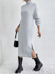 Long Sleeves Loose No Belt Solid Color Split-Side High Neck Midi Dresses