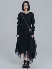 Urban Drawstring Long Sleeves Black Gauze Midi Dress