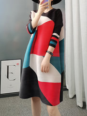 Loose Three-Quarter Sleeves Color-Block Contrast Color Pleated Round-Neck Mini Dresses