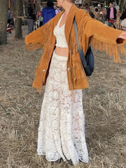 Fashion Lace Long Skirts For Women High Waist See Through Sexy Skirt Versatile Solid Color Loose Casual Autumn Winter NewChristmas Gifts