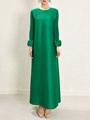 A-Line Loose Pleated Solid Color Round-Neck Maxi Dresses