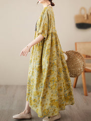 Floral Printed Pleated Split-Joint Loose Raglan Sleeve Round-Neck Midi Dresses