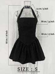 Frill Mini Halter Dress For Women Splice Sexy Backless A-Line Hem Lace Up High Waisted Female Beach Black Bodycon DressChristmas Gifts