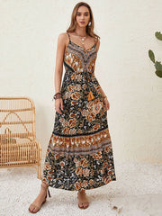 Bohemia Sleeveless Loose Floral Printed Lace-Up V-Neck Midi Dress
