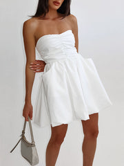 Elasticity Pleated Pockets Solid Color A-Line High Waisted Tube Mini Dresses