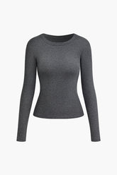 Solid Fitted Round Neck Long Sleeve Top