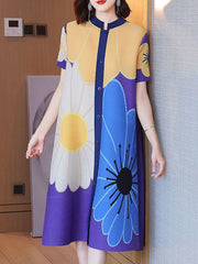 Buttoned Flower Print Pleated A-Line Loose Round-Neck Midi Dresses