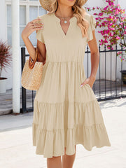 Loose Ruffle Sleeves Pleated Pockets Solid Color Split-Joint V-Neck Midi Dresses