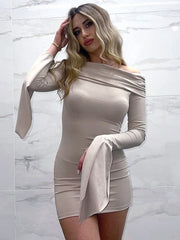 One-Shoulder Ruched Sexy Dress For Women Long Sleeve Slim Mini Dress Hip Wrap Solid High Waist Clothes Fashion StreetwearChristmas Gifts