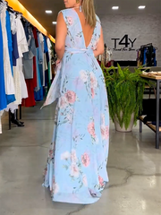 Stylish Floral Printed V-Back Elegant Maxi Dresses