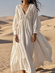 Solid Color Flower Hollow Loose Long Sleeves Bohemia Maxi Dresses