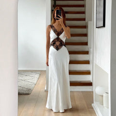 Elegant Lace Backless Hollow Maxi Dress For Women V Neck Patchwork Fashion Print High Waist Party Dress Female Long DressChristmas Gifts