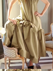 Falbala Solid Color Split-Joint Cap Sleeve Loose Round-Neck Maxi Dresses