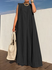 Loose Sleeveless Shoulder Pad Solid Color Round-Neck Maxi Dresses