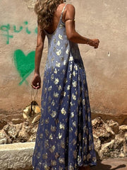 Flower Printed Gradient Sleeveless Spaghetti-Neck Elegant Maxi Dresses