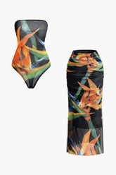 Printed Mesh Strapless Bodysuit And Ruched Split Skirt Set