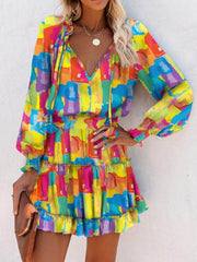 Contrast Color Pleated Split-Joint Tied A-Line Long Sleeves V-Neck Mini Dresses