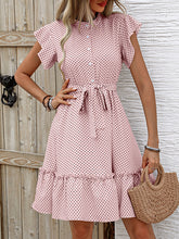 Buttoned Pleated Polka-Dot Tied Waist A-Line Loose Round-Neck Mini Dresses