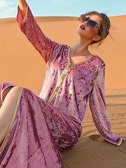 Vacation Long Sleeves Loose Lace-Up Embroidered V-Neck Dress