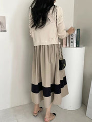 Pleated Split-Joint A-Line Long Sleeves Round-Neck Midi Dresses